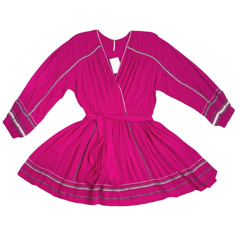 NEW FREE PEOPLE Delilah Embroidered Wrap Mini Dress Size M Pink Festival‎ Boho - Picture 4 of 11